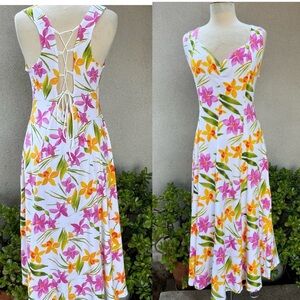Vintage cotton Sun dress white neon floral print lace up back Large Illusions